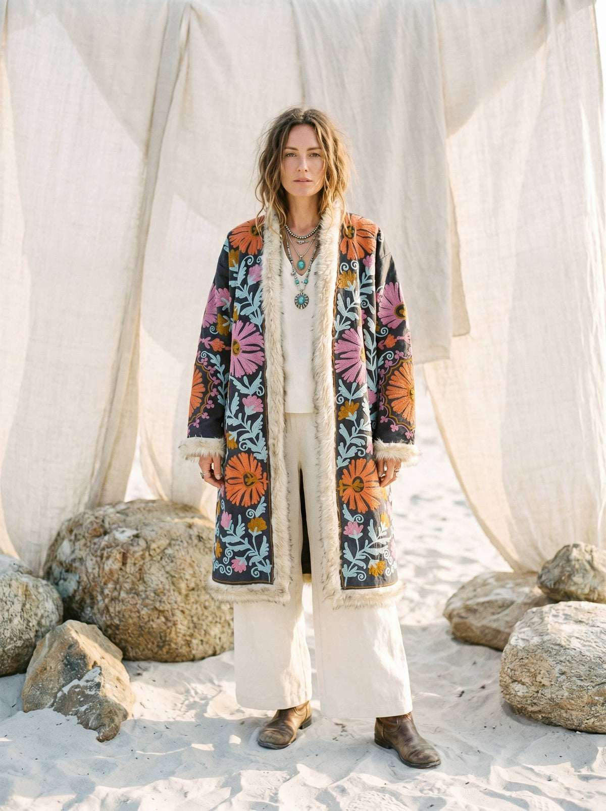 Suzani Embroidered LongCoat Velvet Fur Trim 70s Style Kimono