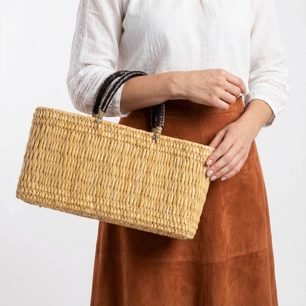 Woven Reed Market Basket - Leather Handle Tote Storage
