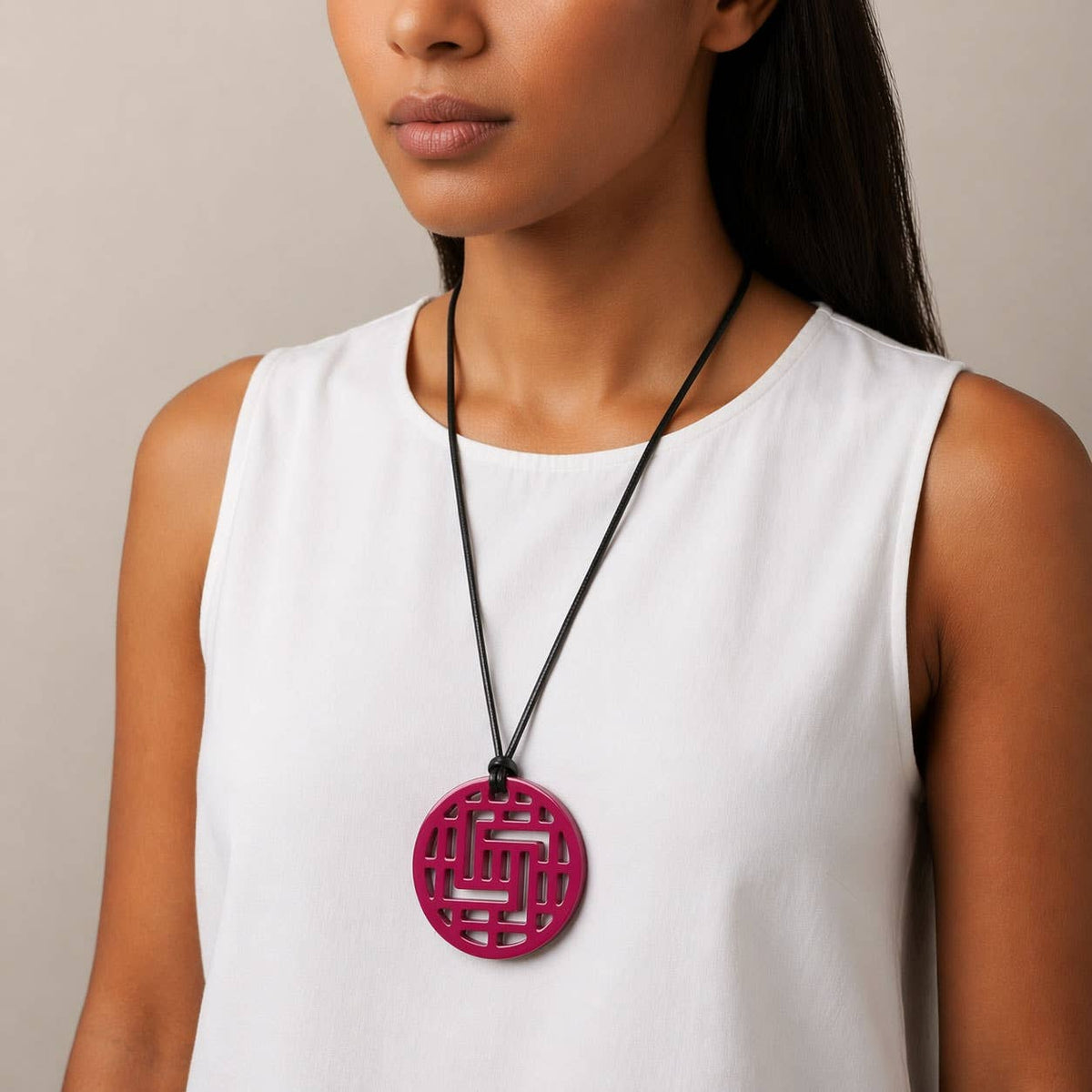 Geometric Pattern Fuchsia Pink Round cut-out Horn Pendant by Branch
