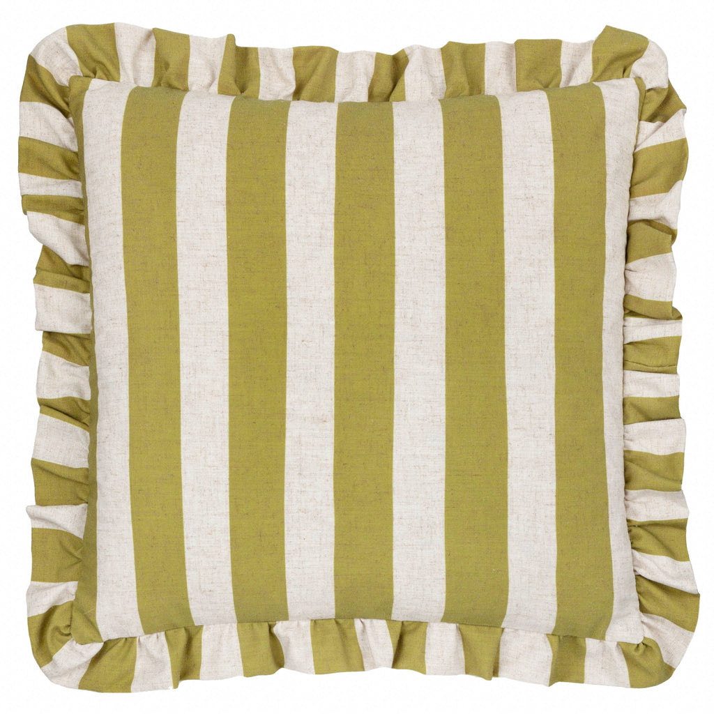 Linen Stripe Printed Ruffle Cushion Linen/Olive
