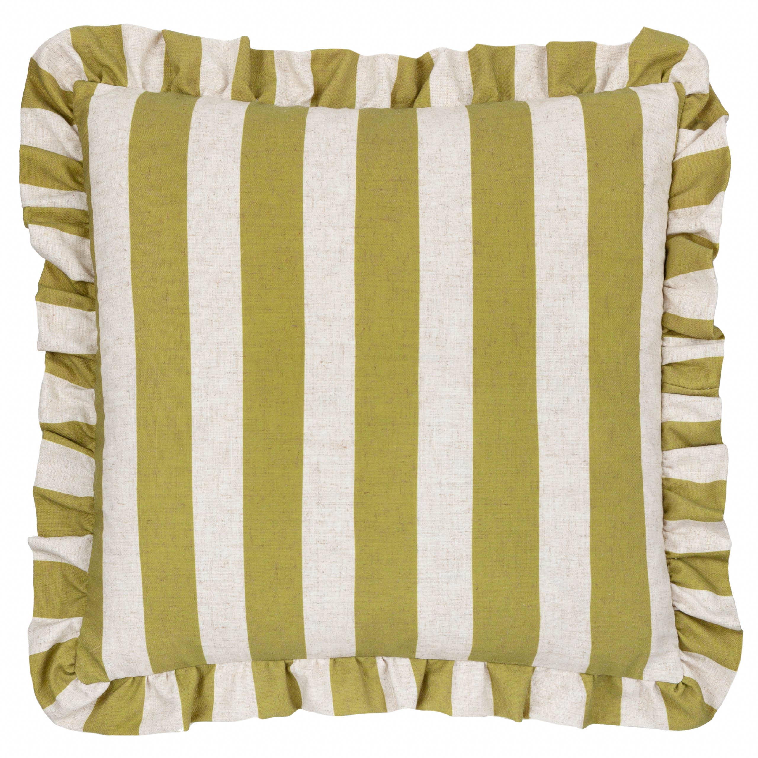 Linen Stripe Printed Ruffle Cushion Linen/Olive