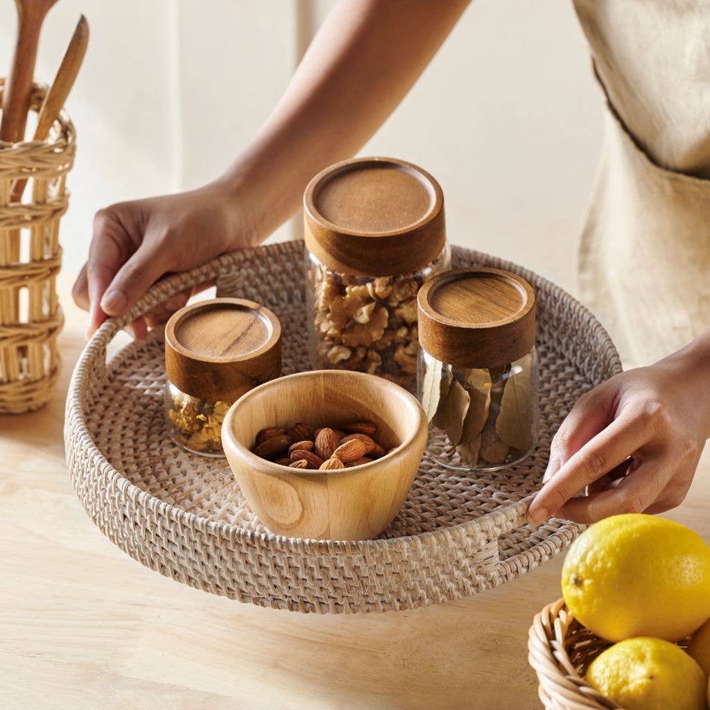 Rattan Trays - Round Hand Woven Wicker Serving Tray Decor