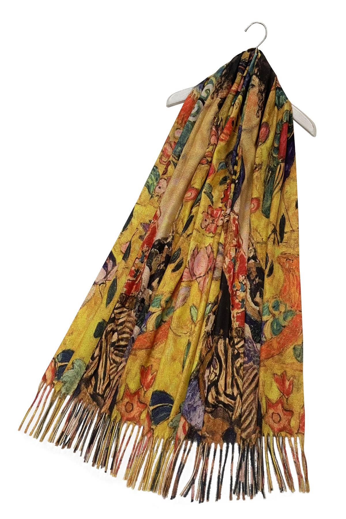 Klimt 'Lady with Fan' Print Wool Tassel Scarf