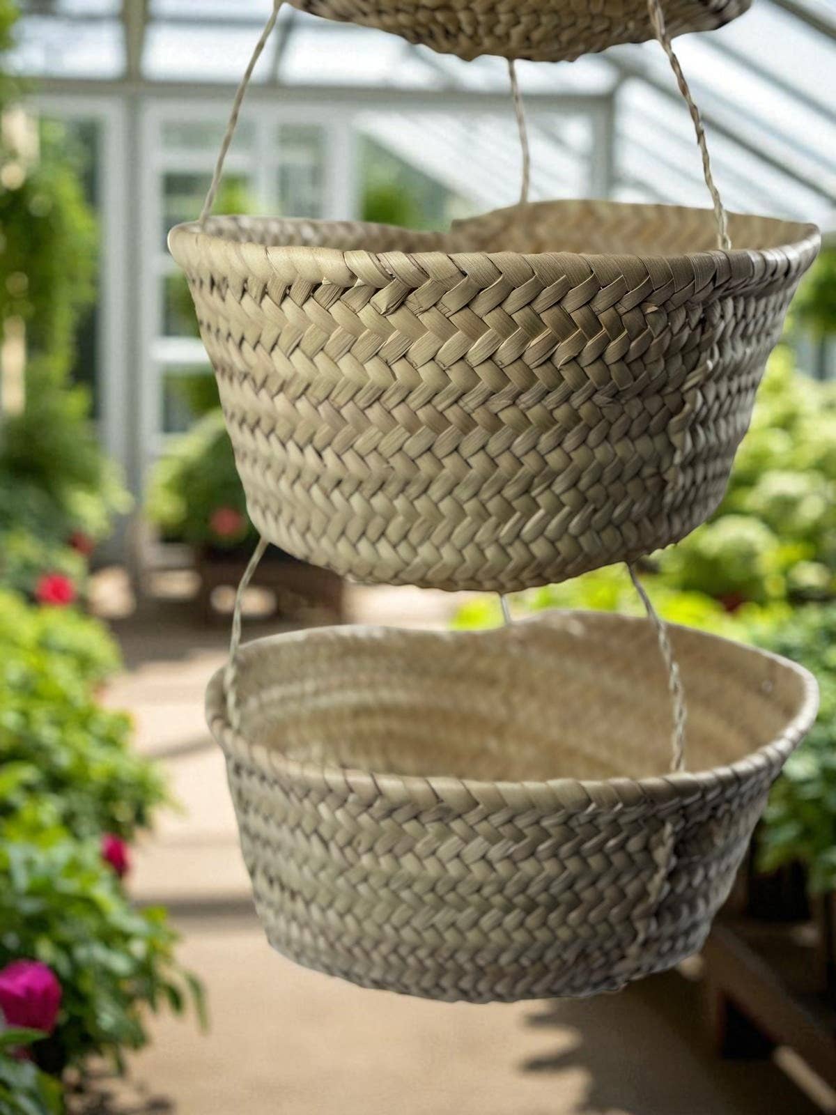 3-Tier Hanging Baskets - Moroccan Palm Leaf Storage Set