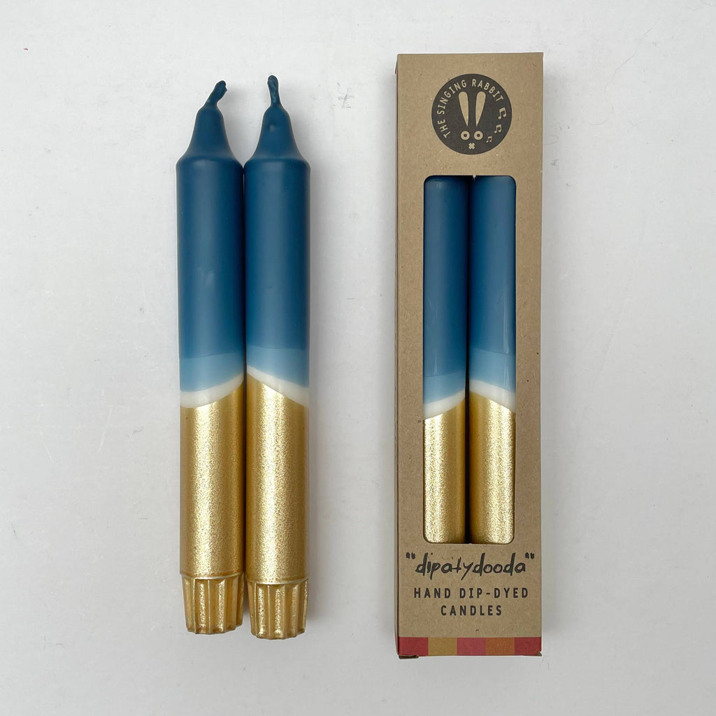Teal Blue & Gold Dip Dyed Dinner Candles
