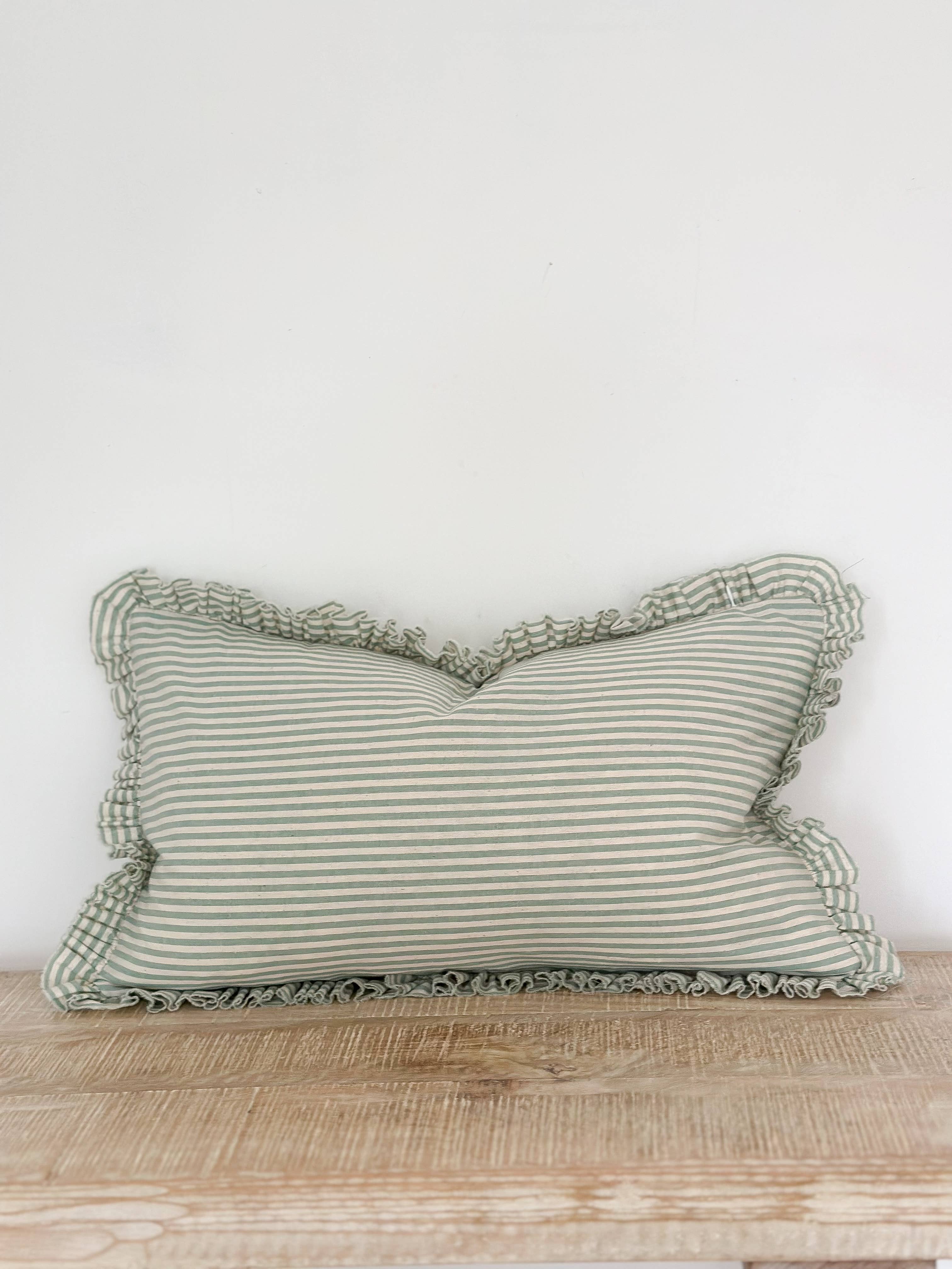 Darcy Ruffle Cotton Cushion 50x30 – Sage Green Stripe