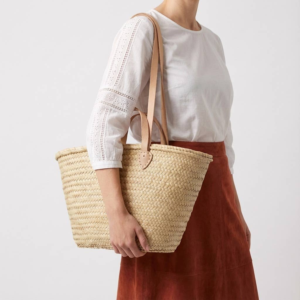 French Market Basket Straw Tote - Double Leather Handles