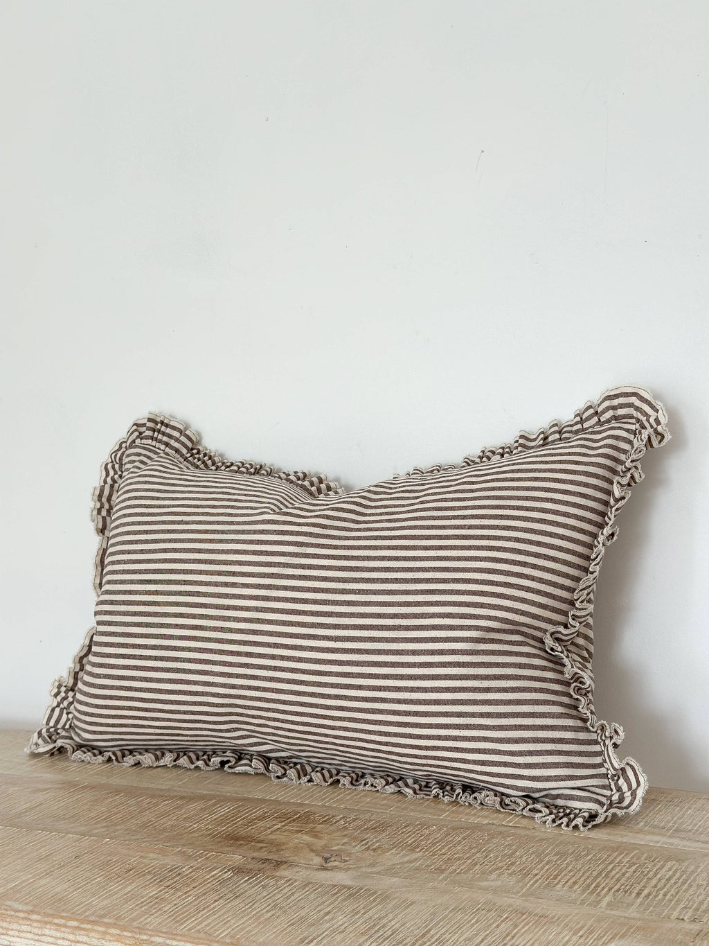 Darcy  Ruffle Cotton Cushion 50x30 – Dark Brown Stripe