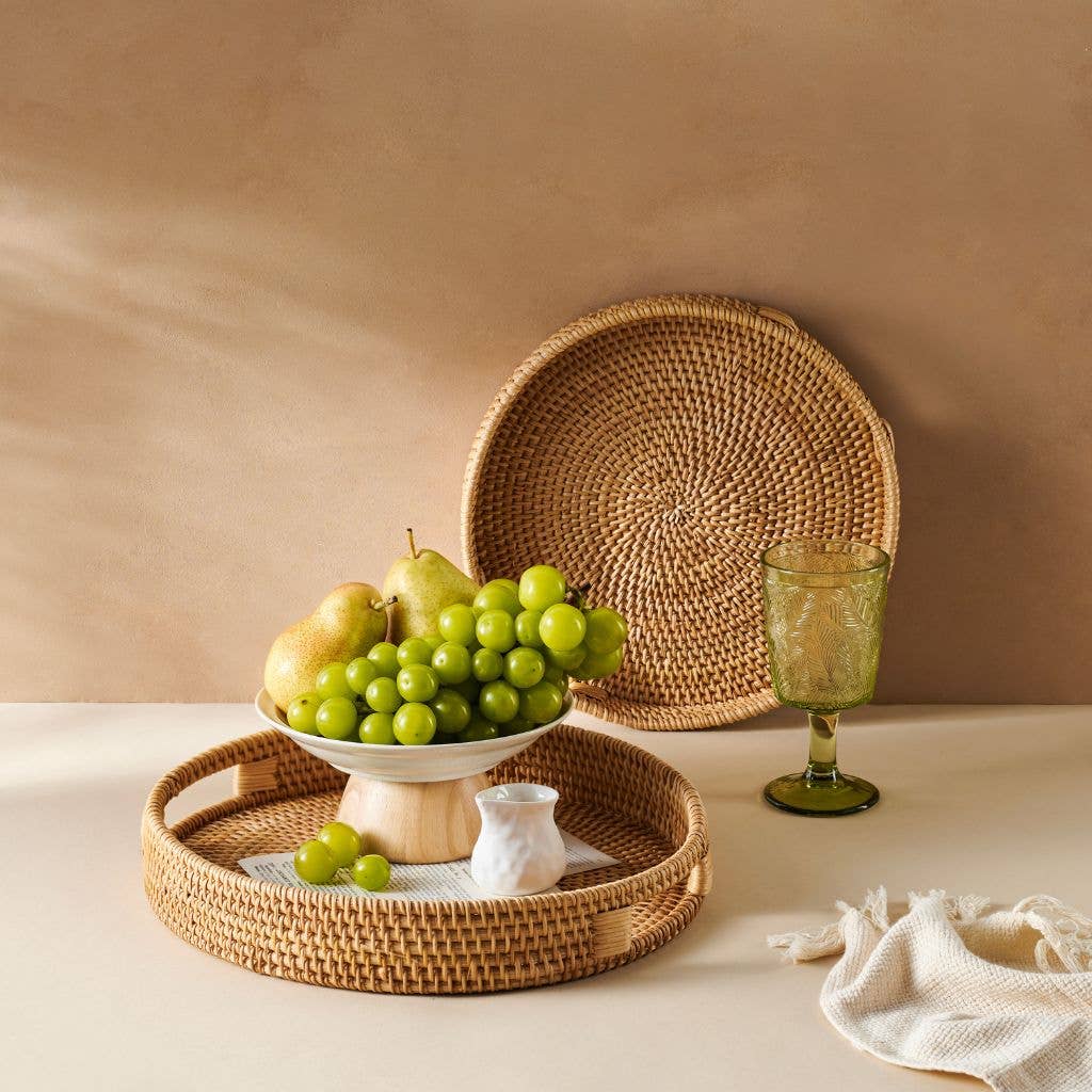 Rattan Trays - Round Hand Woven Wicker Serving Tray Decor