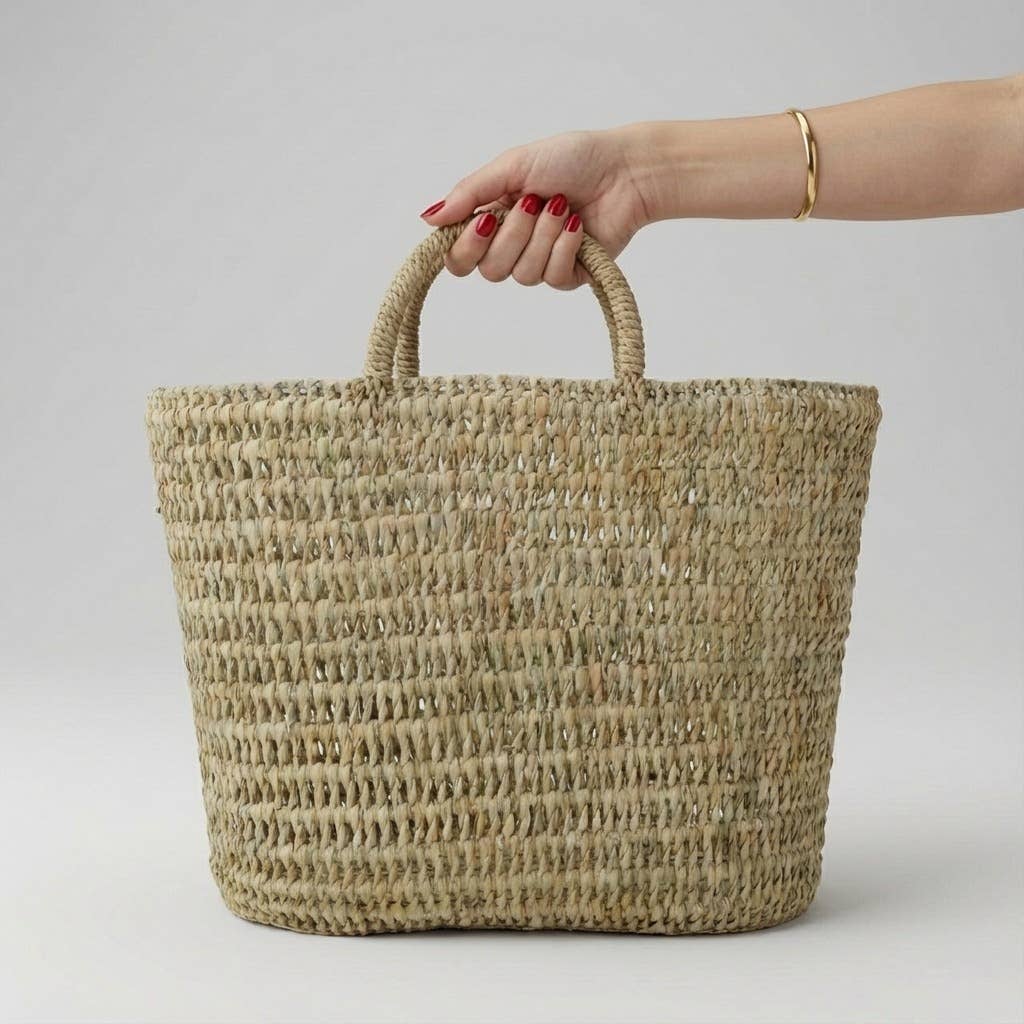 Natural Woven Straw Market Basket - Boho Beach Tote Bag