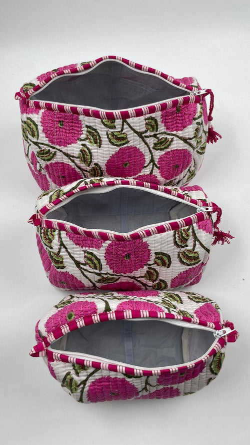 100% Cotton Quilted Washbag - Pink Floral