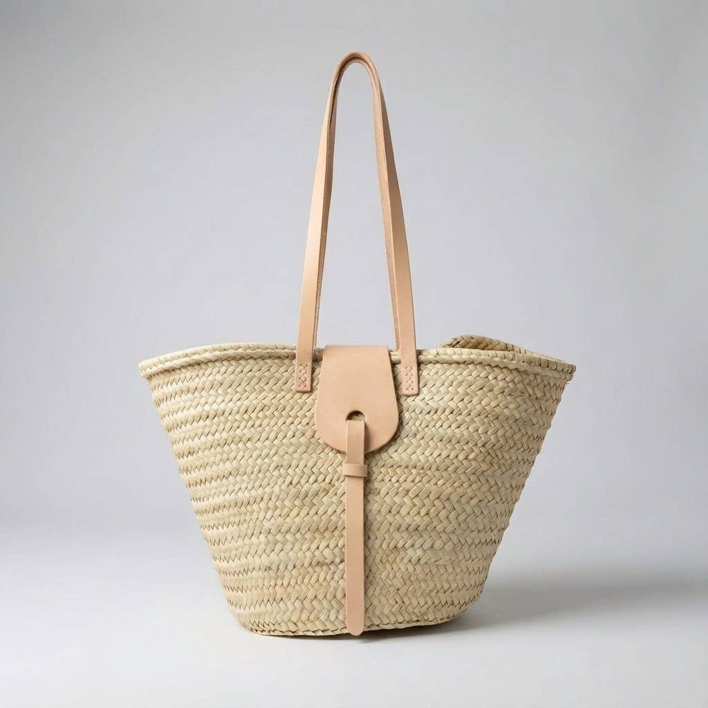 French Market Basket Straw Tote Bag - Leather Handles Summer