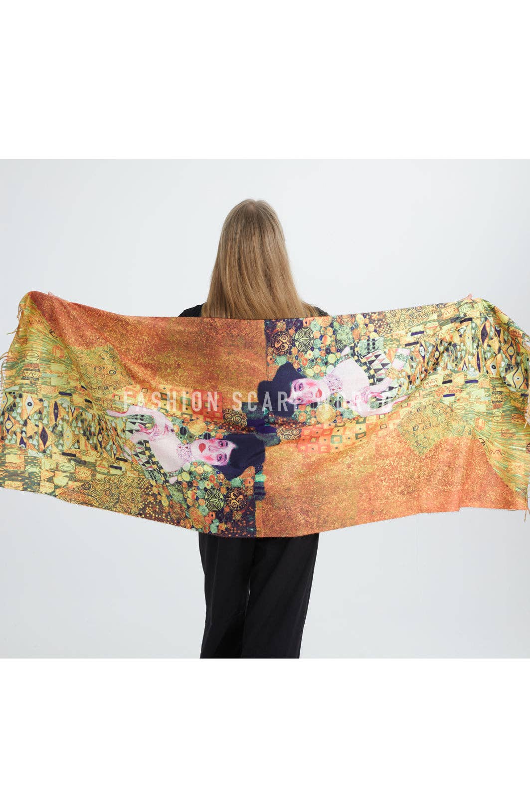 Klimt 'Portrait Of Adele' Print Wool Tassel Scarf
