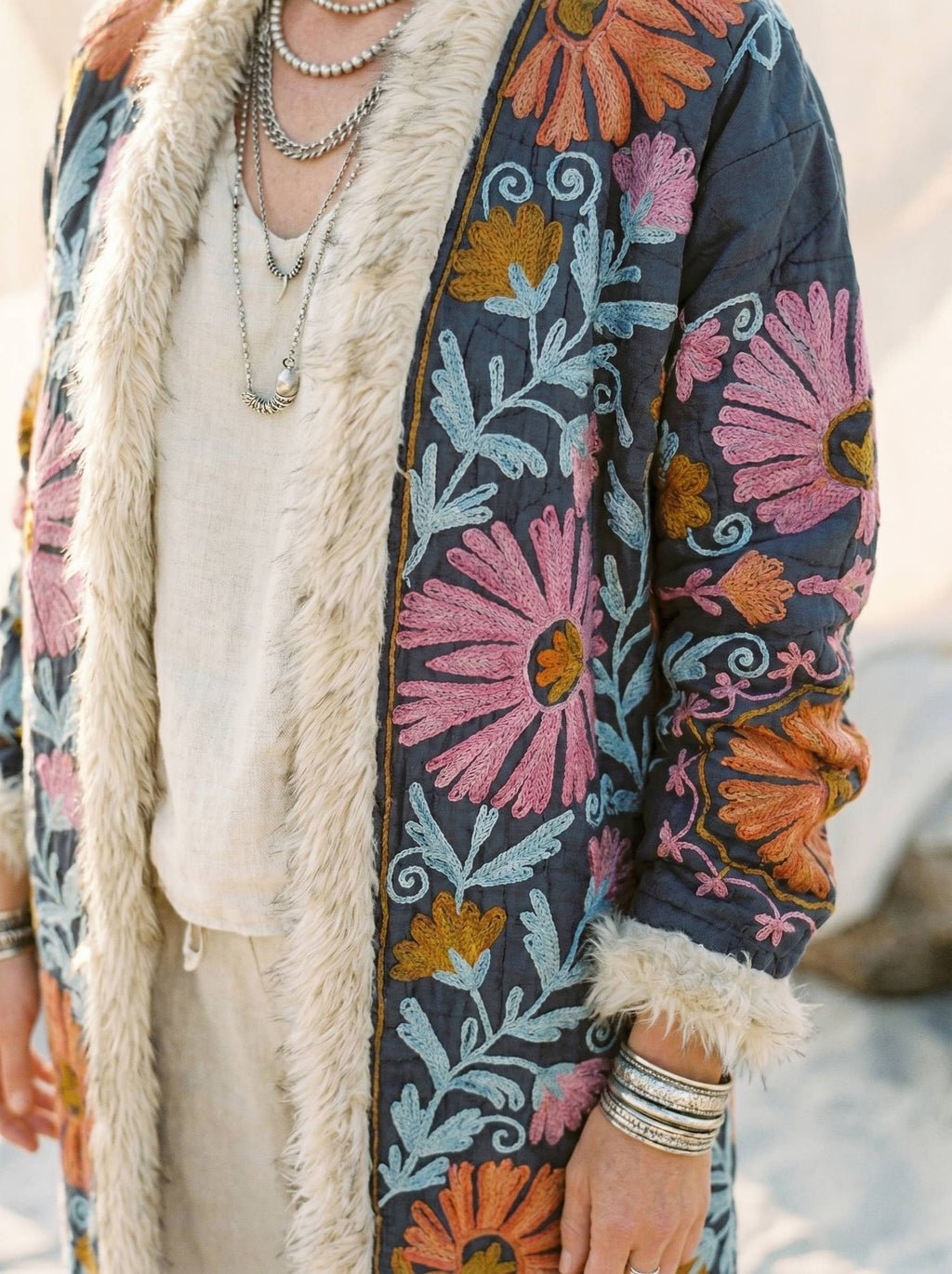 Suzani Embroidered LongCoat Velvet Fur Trim 70s Style Kimono