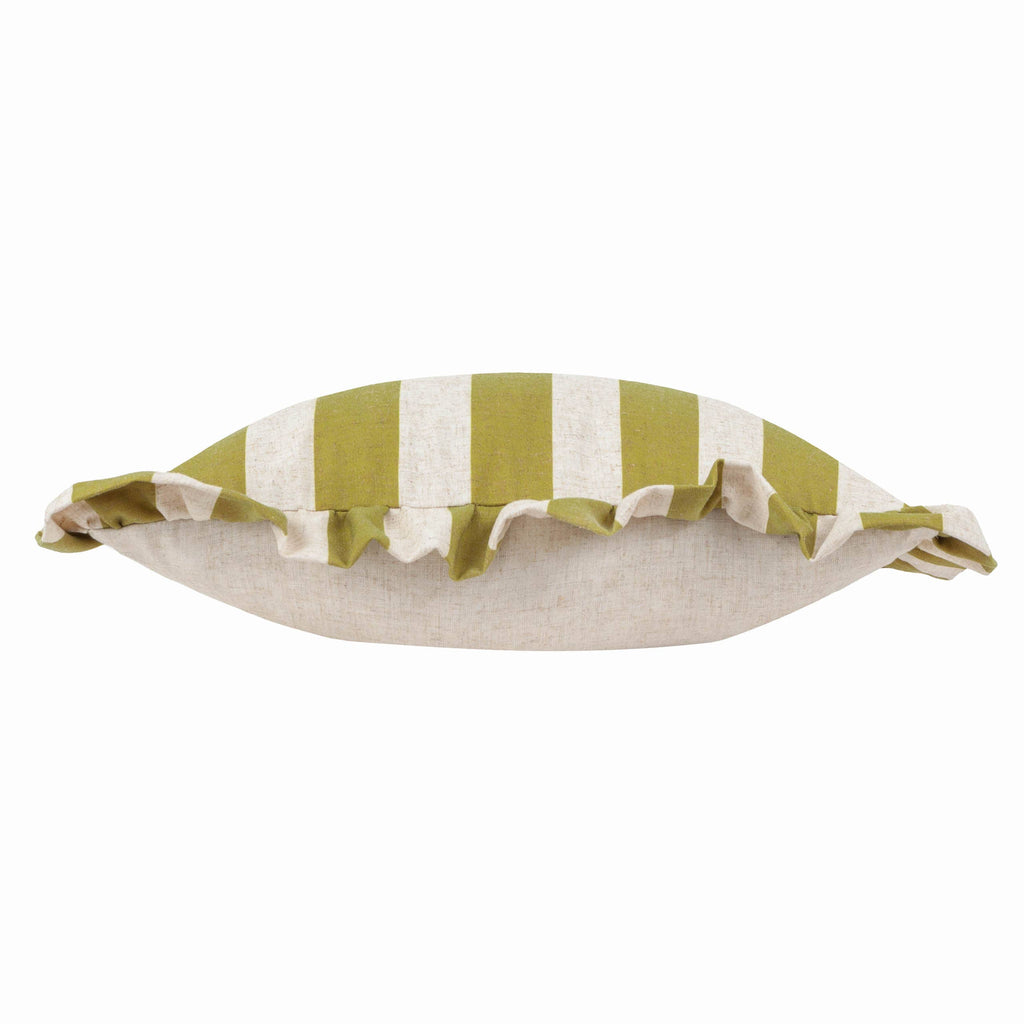 Linen Stripe Printed Ruffle Cushion Linen/Olive