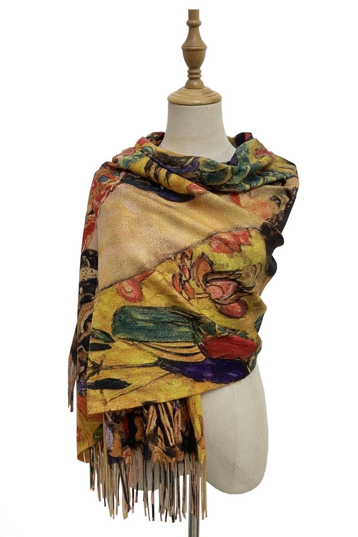 Klimt 'Lady with Fan' Print Wool Tassel Scarf