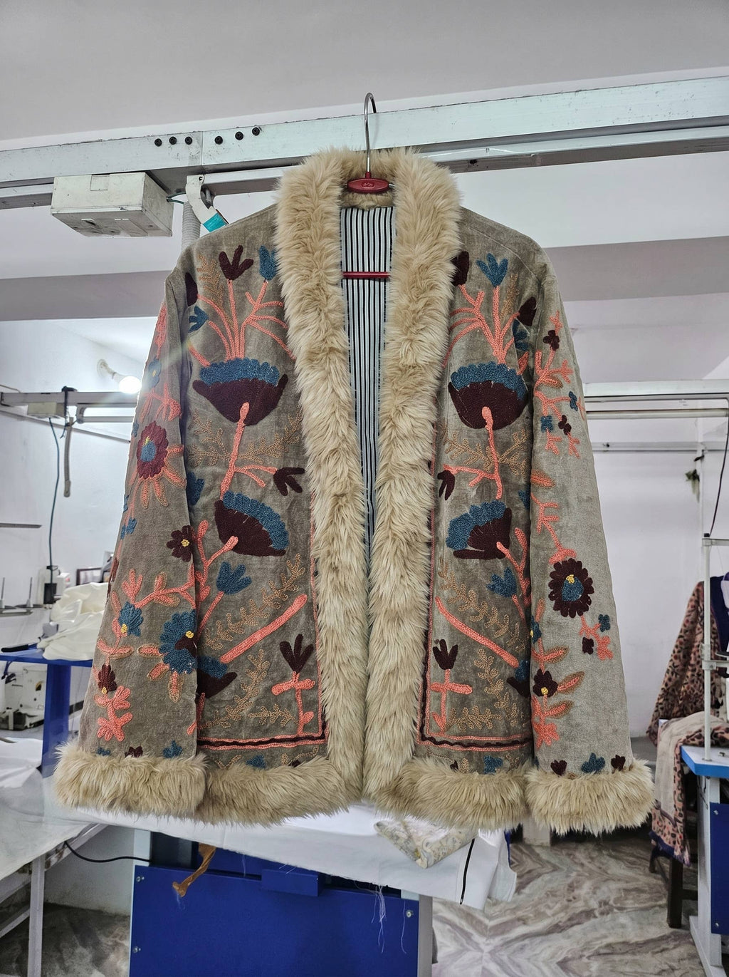 Fur trimmed Boho Suzani Velvet Embroidered Jacket– Stone Grey