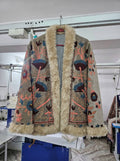 Fur trimmed Boho Suzani Velvet Embroidered Jacket– Stone Grey