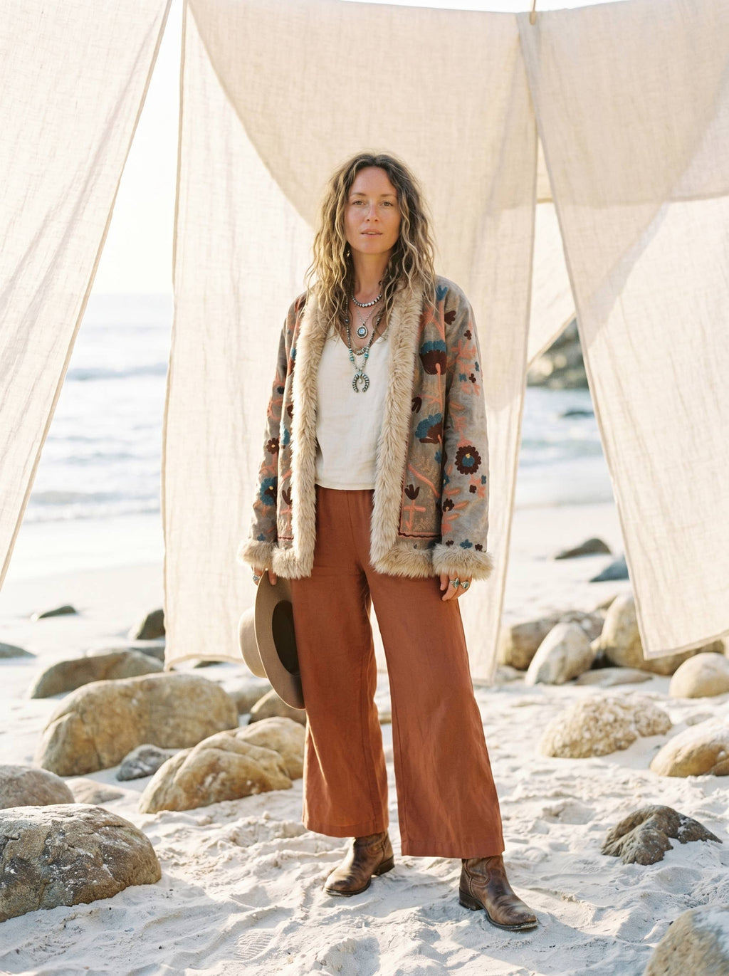 Fur trimmed Boho Suzani Velvet Embroidered Jacket– Stone Grey