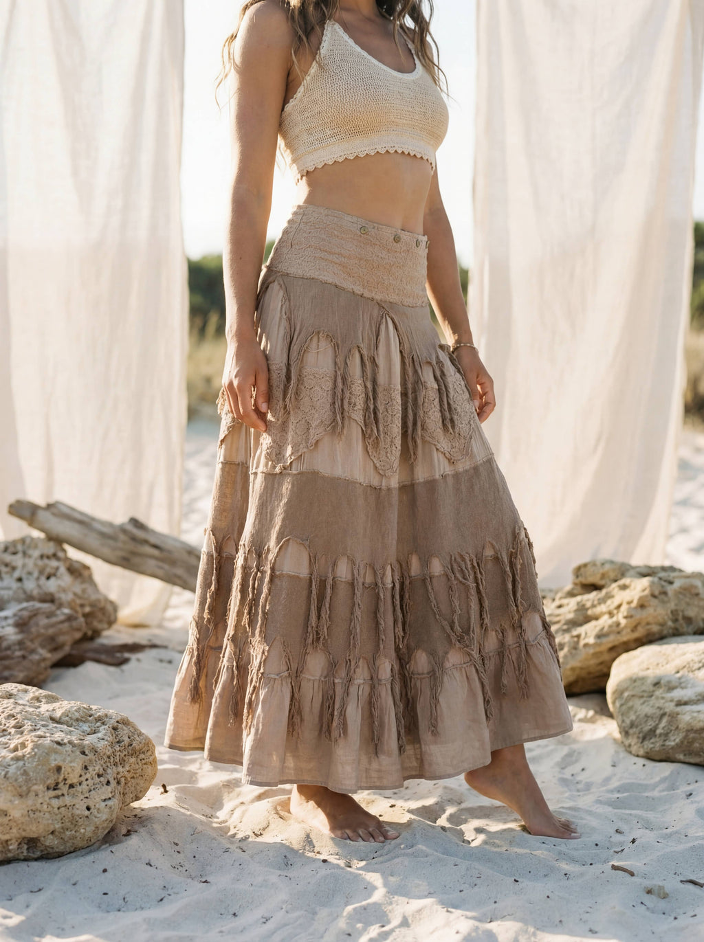 Tiered Boho Cotton Maxi Skirt Raw Fringe, Lace, Skirt