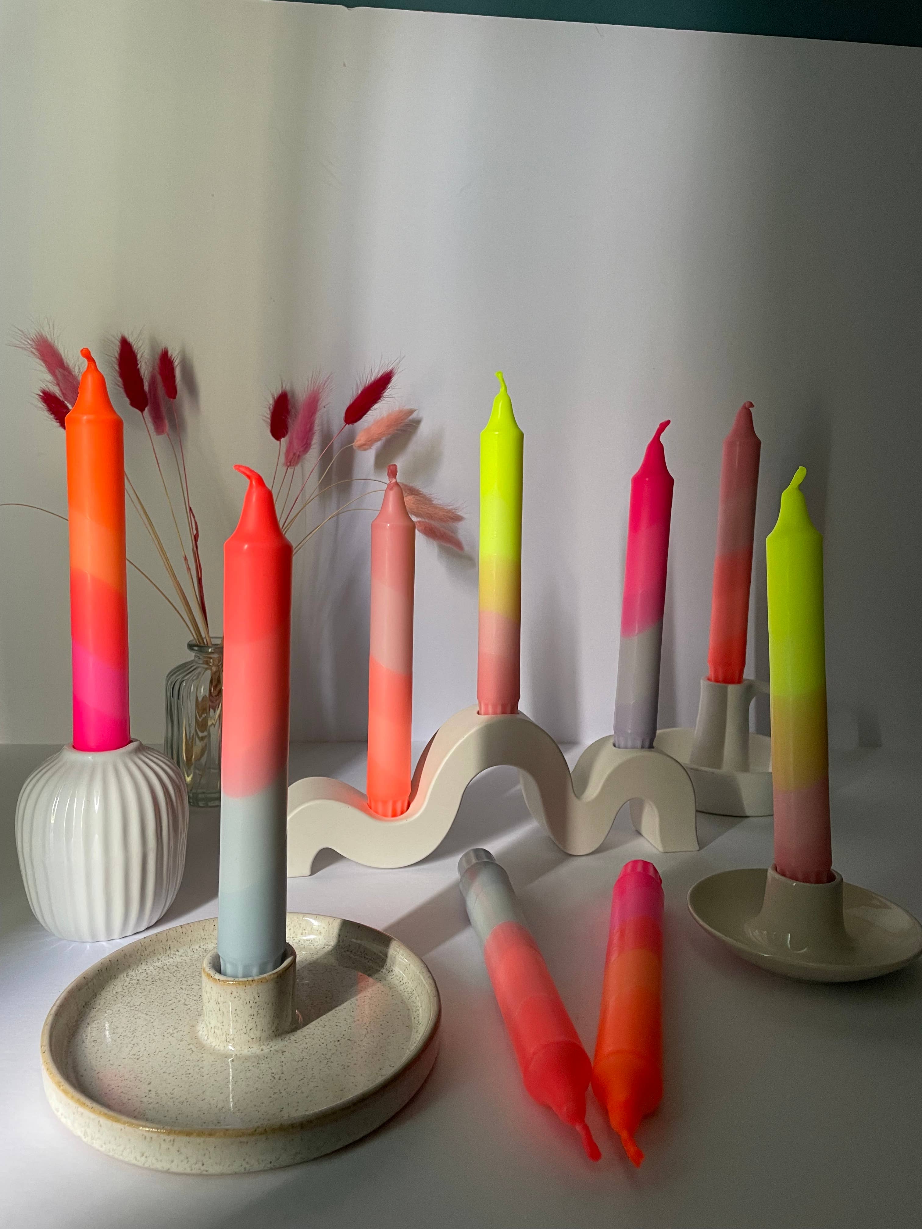 Neon Orange & Neon Pink Swirl Dip Dyed Dinner Candles