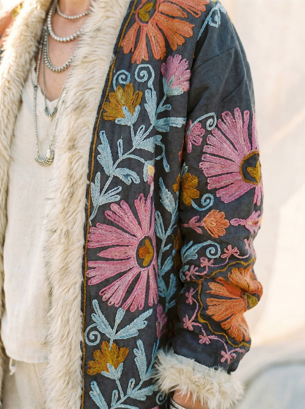 Suzani Embroidered LongCoat Velvet Fur Trim 70s Style Kimono