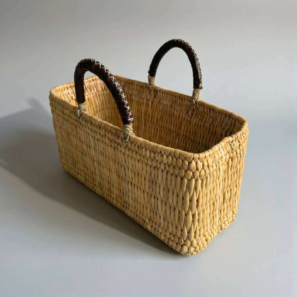 Woven Reed Market Basket - Leather Handle Tote Storage