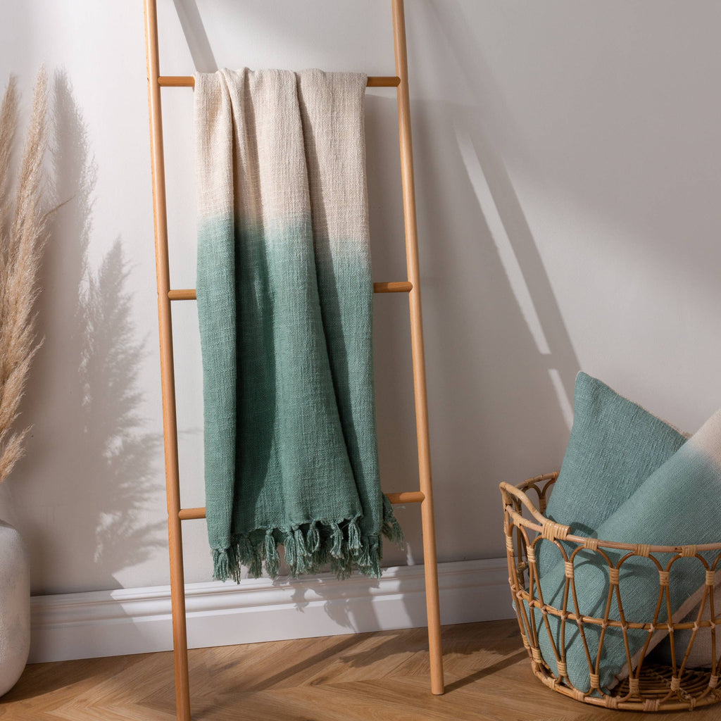 Mizu Dip Dye Fringed Throw Eucalyptus