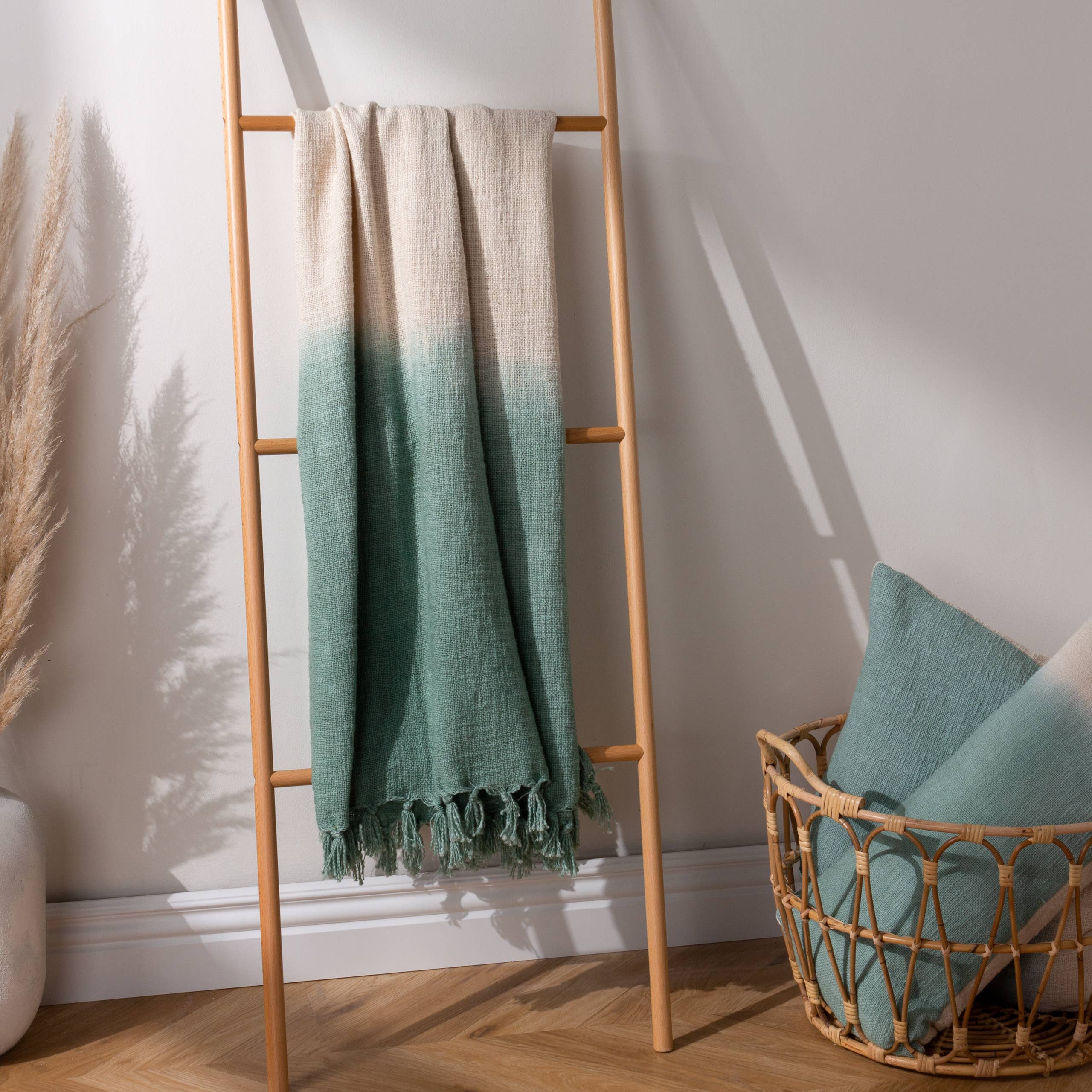 Mizu Dip Dye Fringed Throw Eucalyptus