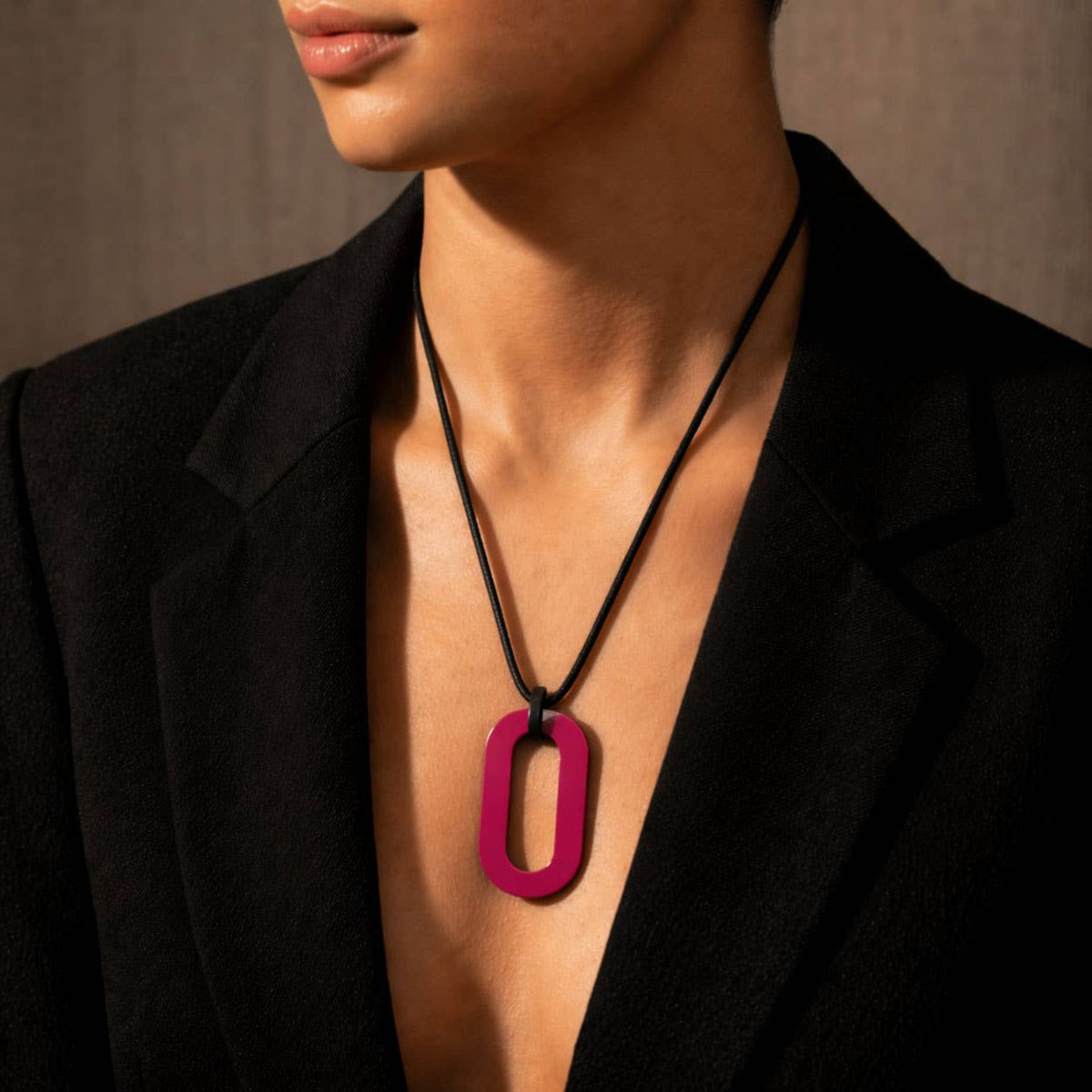 Fuchsia Pink & Black horn long corded pendant necklace