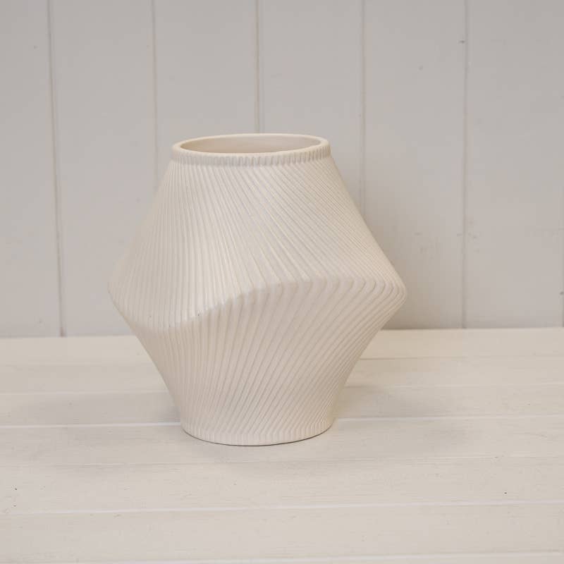 Short Beige Sculptural Ribbed Vase in beige
