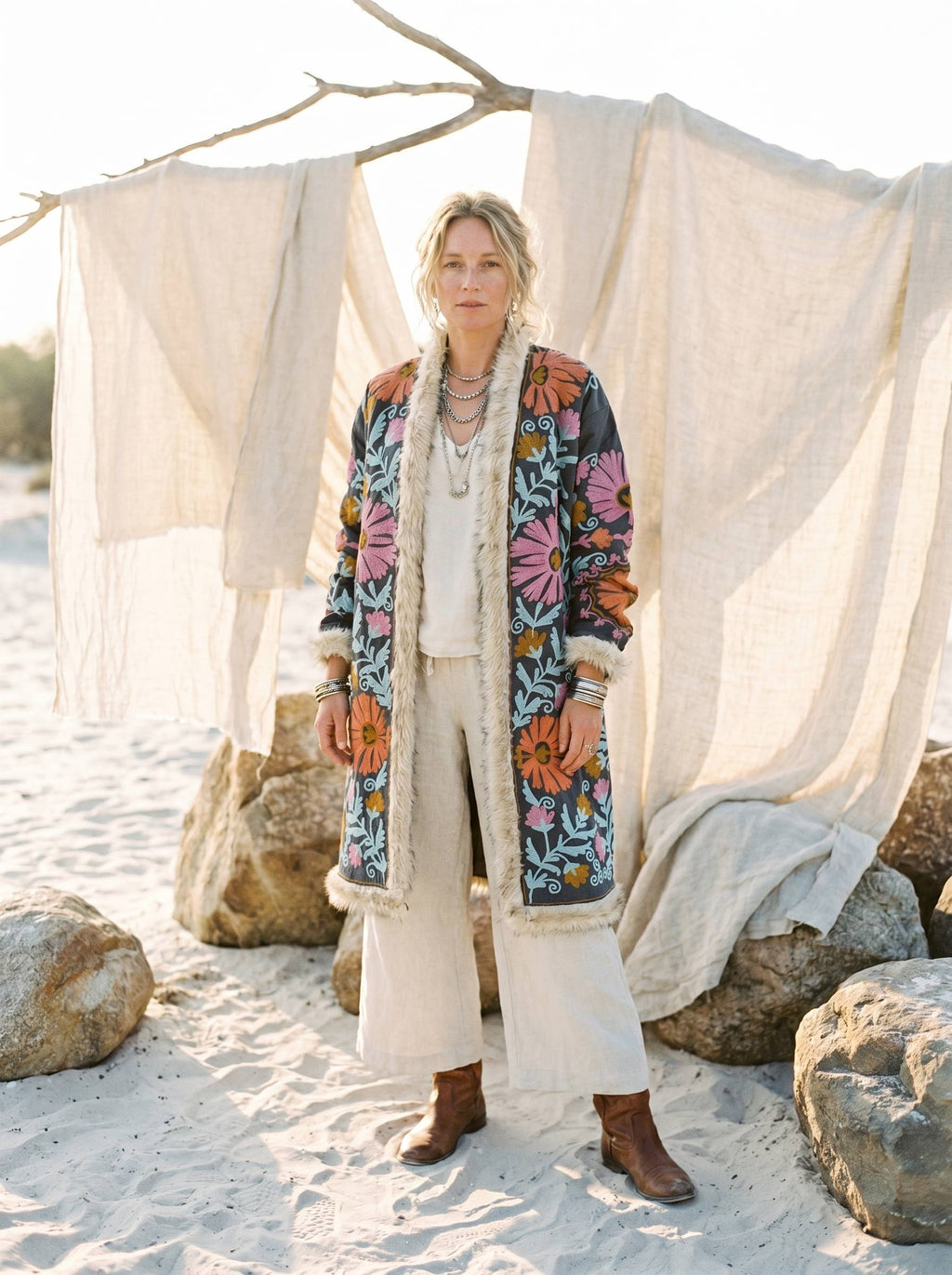 Suzani Embroidered LongCoat Velvet Fur Trim 70s Style Kimono