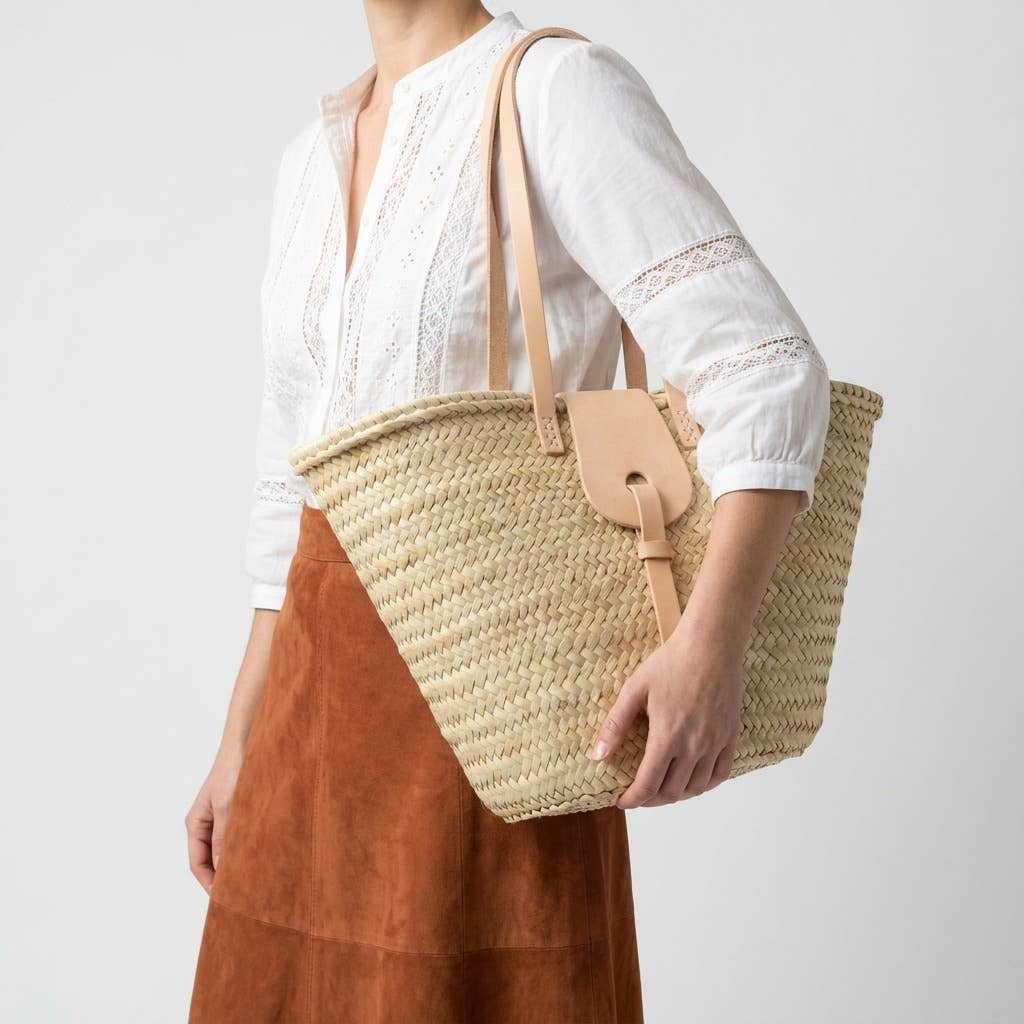 French Market Basket Straw Tote Bag - Leather Handles Summer