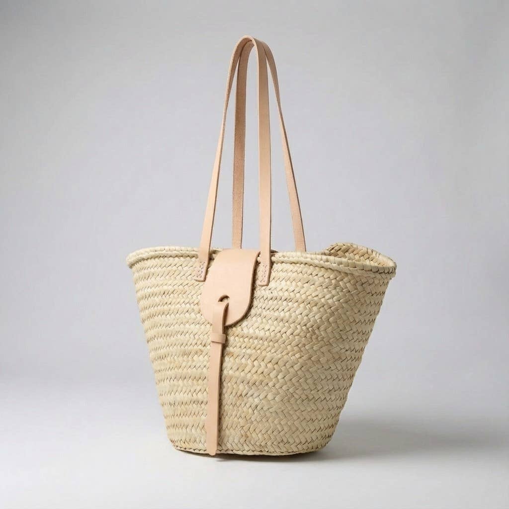 French Market Basket Straw Tote Bag - Leather Handles Summer