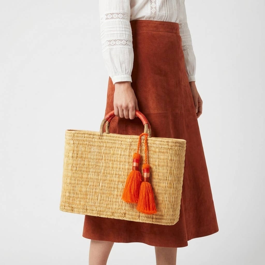 Woven Reed Market Basket - with Orange Leather Handles & Tassels