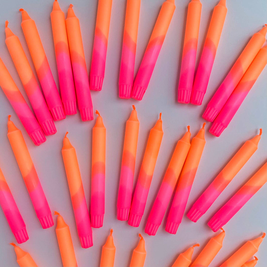 Neon Orange & Neon Pink Swirl Dip Dyed Dinner Candles