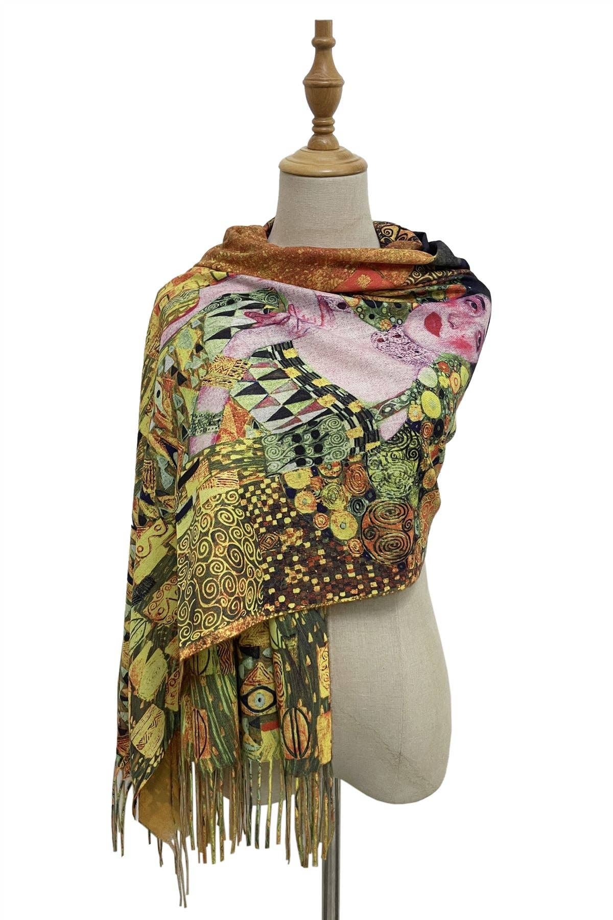 Klimt 'Portrait Of Adele' Print Wool Tassel Scarf