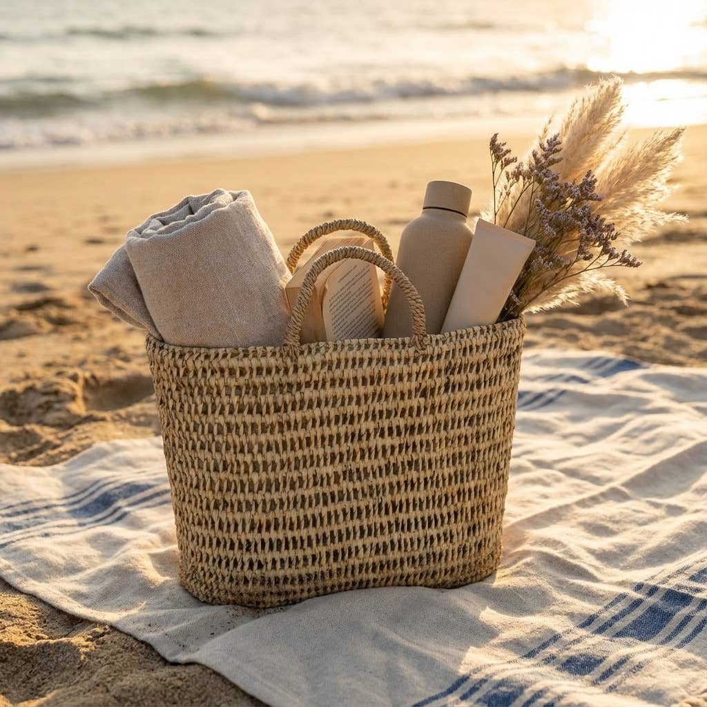 Natural Woven Straw Market Basket - Boho Beach Tote Bag