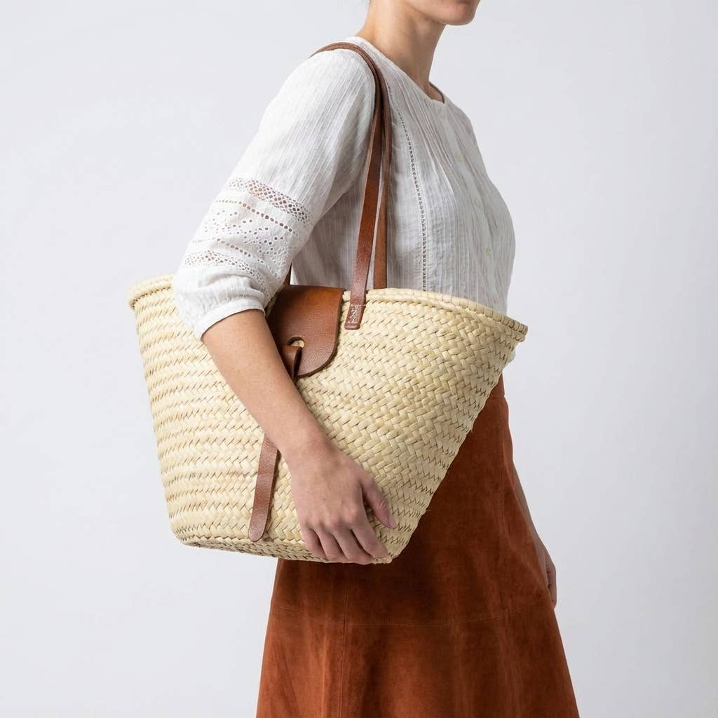French Market Basket Straw Tote Bag - Leather Handles Summer