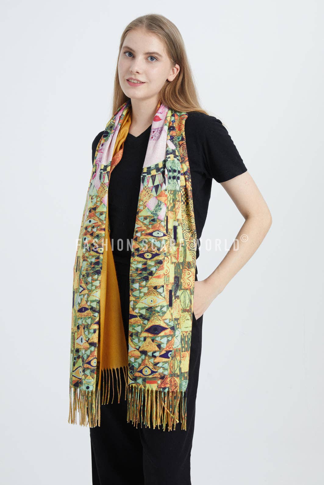 Klimt 'Portrait Of Adele' Print Wool Tassel Scarf