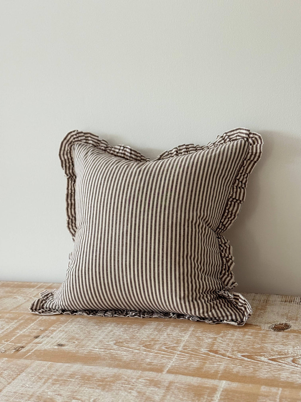 Darcy Ruffle Cotton Cushion 45x45 - Dark Brown Stripe
