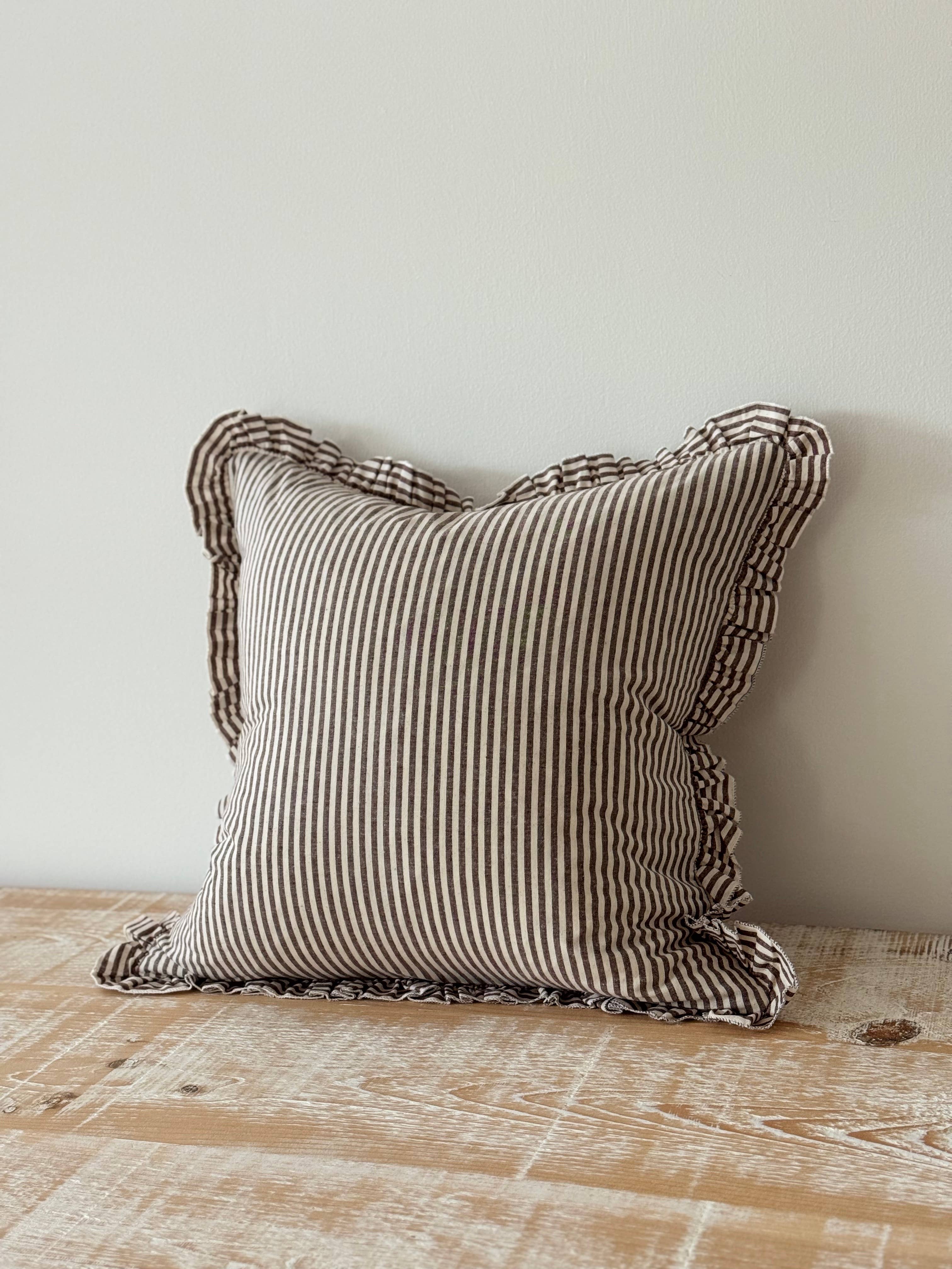 Darcy Ruffle Cotton Cushion 45x45 - Dark Brown Stripe