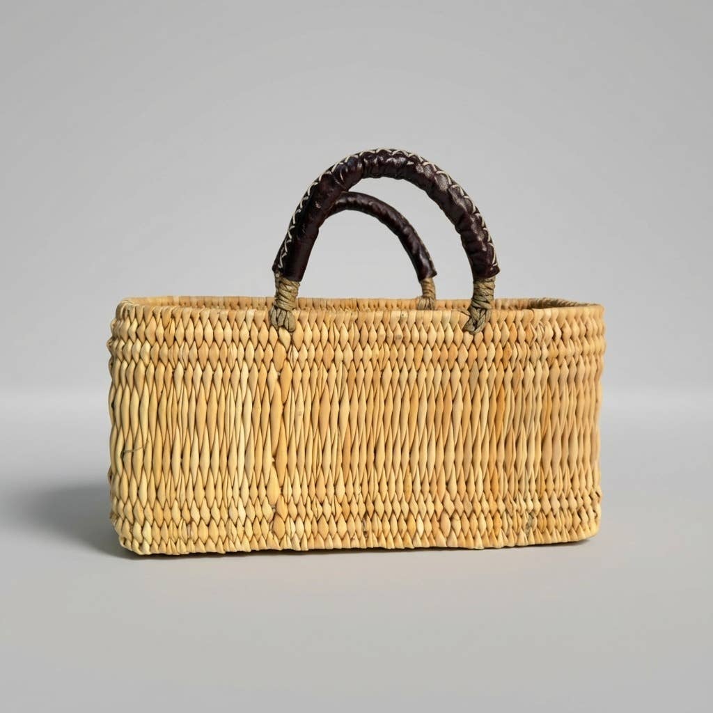 Woven Reed Market Basket - Leather Handle Tote Storage