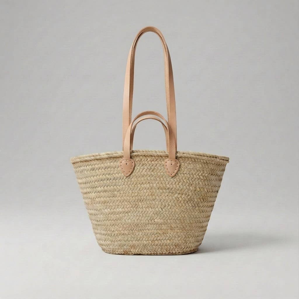 French Market Basket Straw Tote - Double Leather Handles