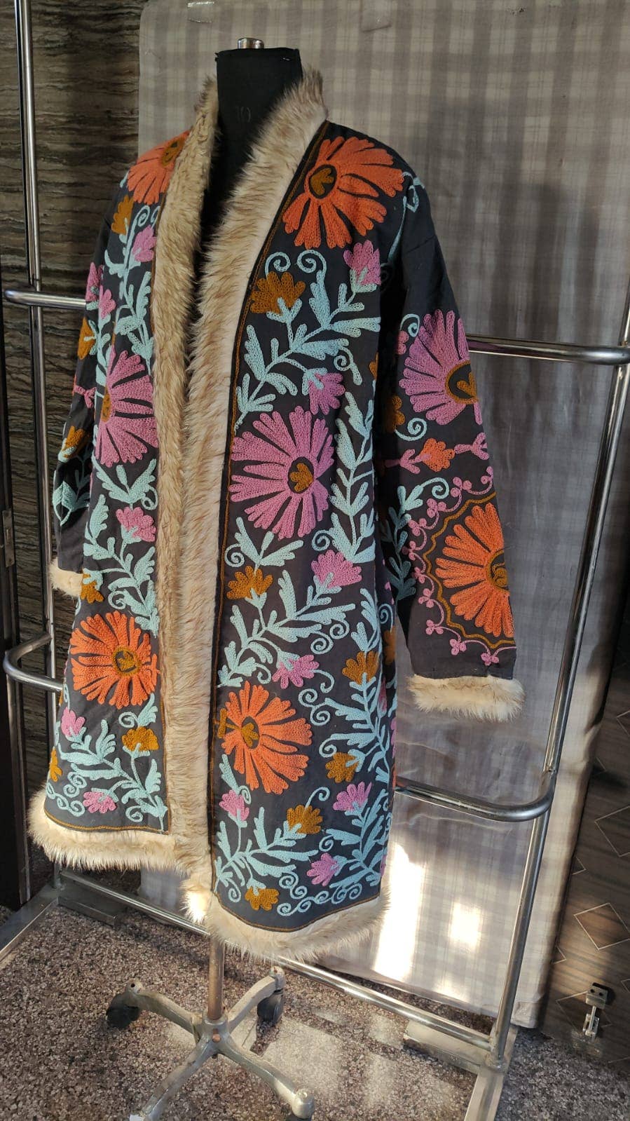 Suzani Embroidered LongCoat Velvet Fur Trim 70s Style Kimono