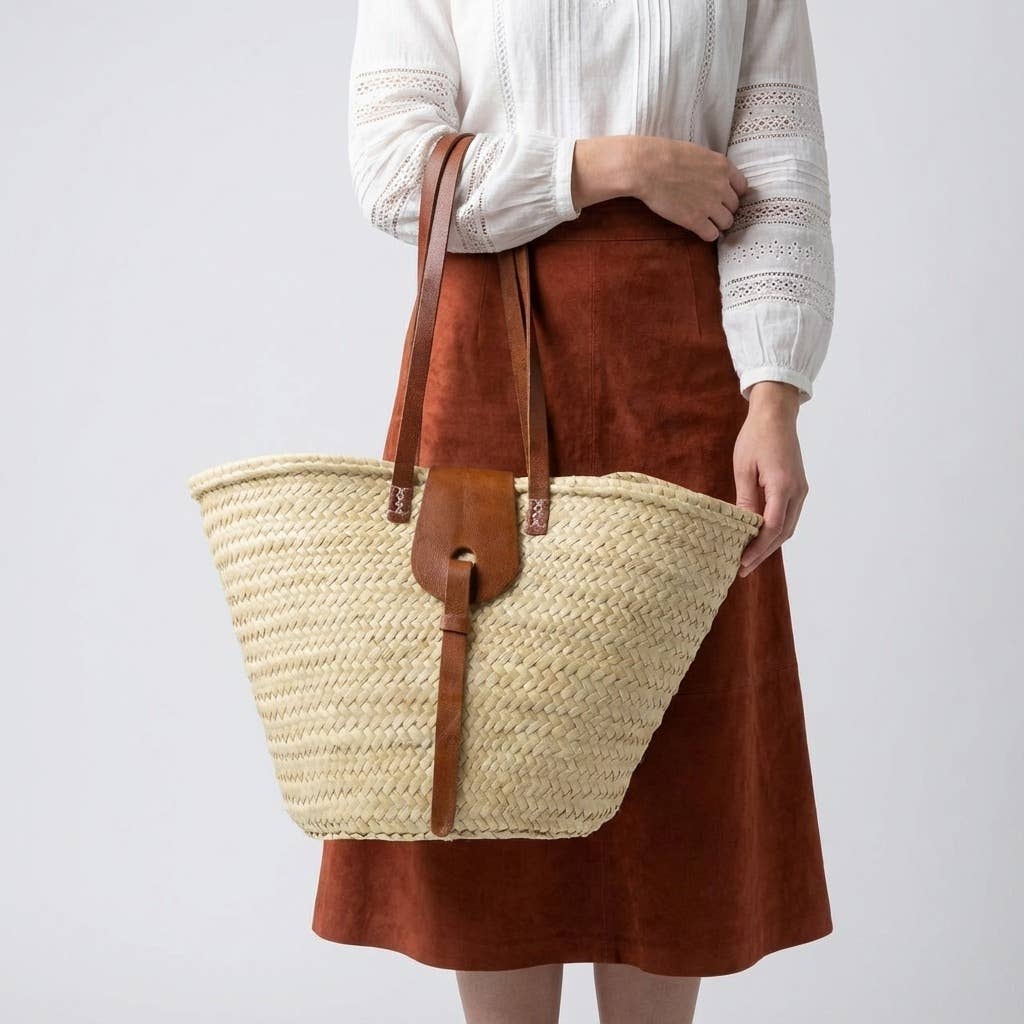 French Market Basket Straw Tote Bag - Leather Handles Summer