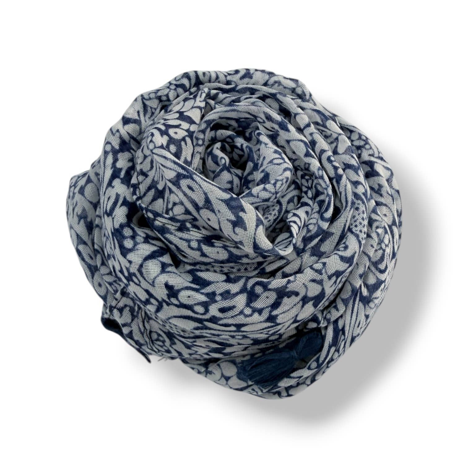 Navy Paisley Triangle Scarf with Tassels