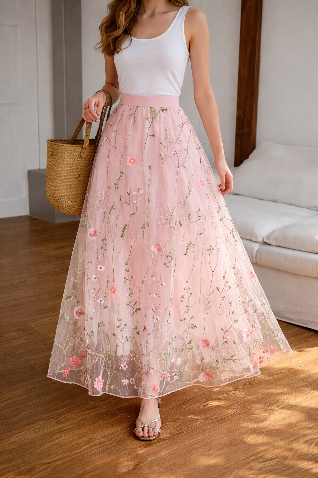 Embroidered Meadow Tulle Skirt in Pink