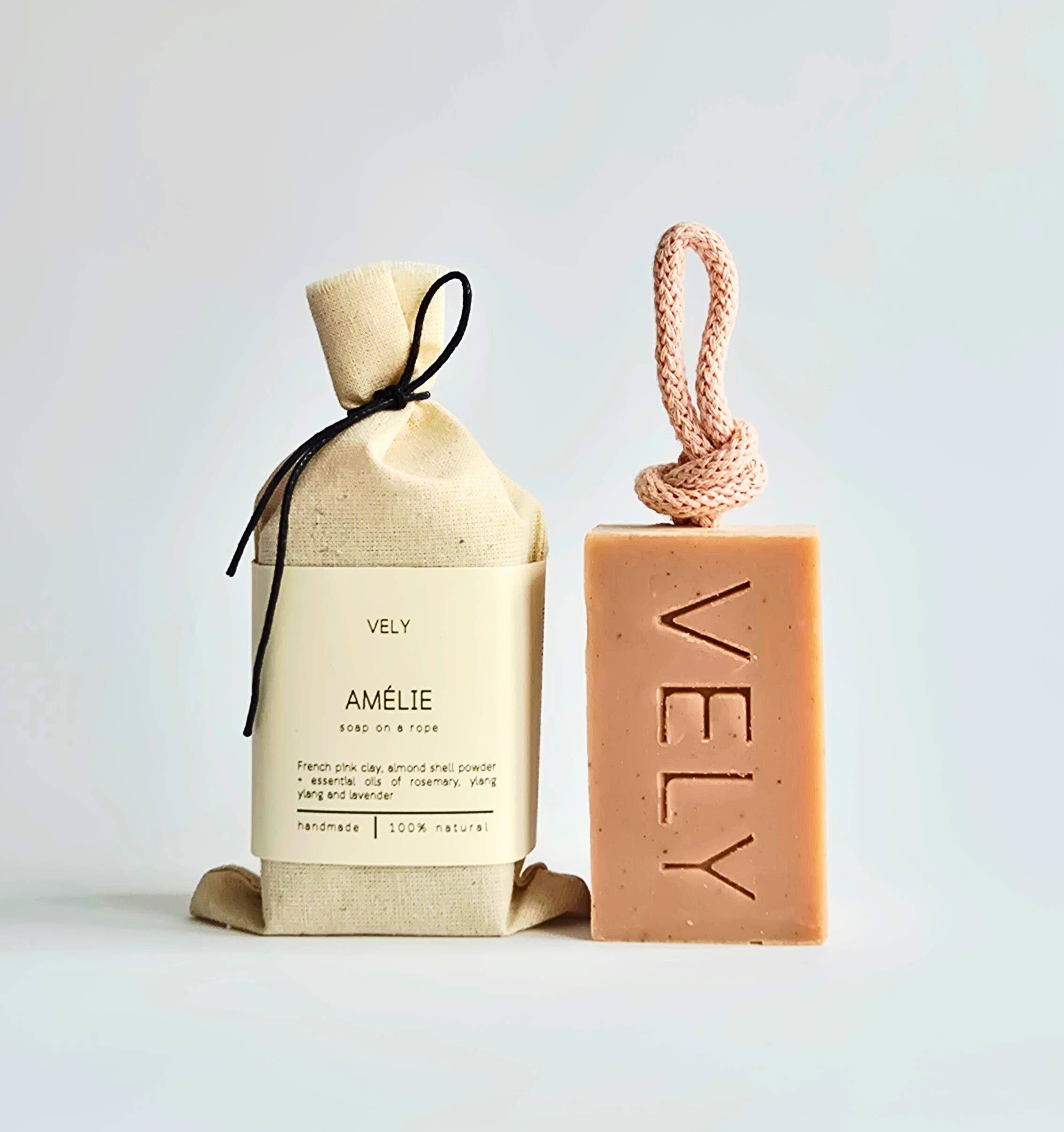 Natural Handmade Soap On A Rope With Pink Clay  "Amélie"