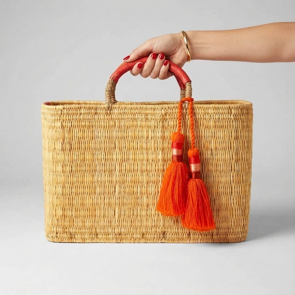 Woven Reed Market Basket - with Orange Leather Handles & Tassels